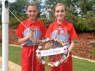 DIRECT LINKS: Lakes Creek State School   captains Maddison Hughes and Isabella Hiley at the Stenhouse Park monument. INSET: Maddison Jaggers McPhee, Tom Kerr and Riley Bloomfield. Picture: Jann Houley