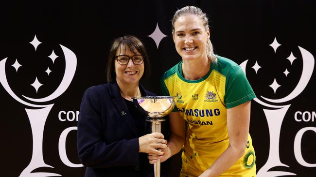 Diamonds coach Lisa Alexander and captain Caitlin Bassett pose with the Constellation Cup. Picture: Getty Images