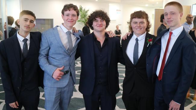 Mitchell Sims, Don Grunwald, Hunter Judge, Lucas Ivanfy and Josh Williams at the Australian Industry Trade College 2024 formal at the Maroochy RSL.