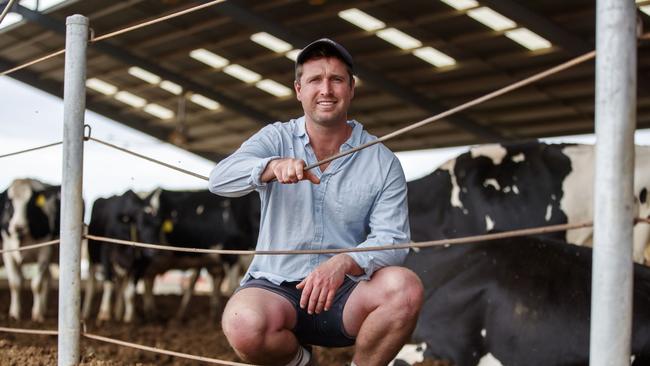 Jake Altmann on his dairy farm in Murray Bridge, South Australia. Pictures: Supplied