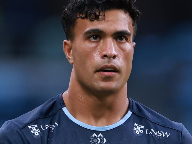 SYDNEY, AUSTRALIA - FEBRUARY 14: Joseph-Aukuso Suaalii of the Waratahs warms up before the round one Super Rugby Pacific match between NSW Waratahs and Highlanders at Allianz Stadium, on February 14, 2025, in Sydney, Australia. (Photo by Darrian Traynor/Getty Images)