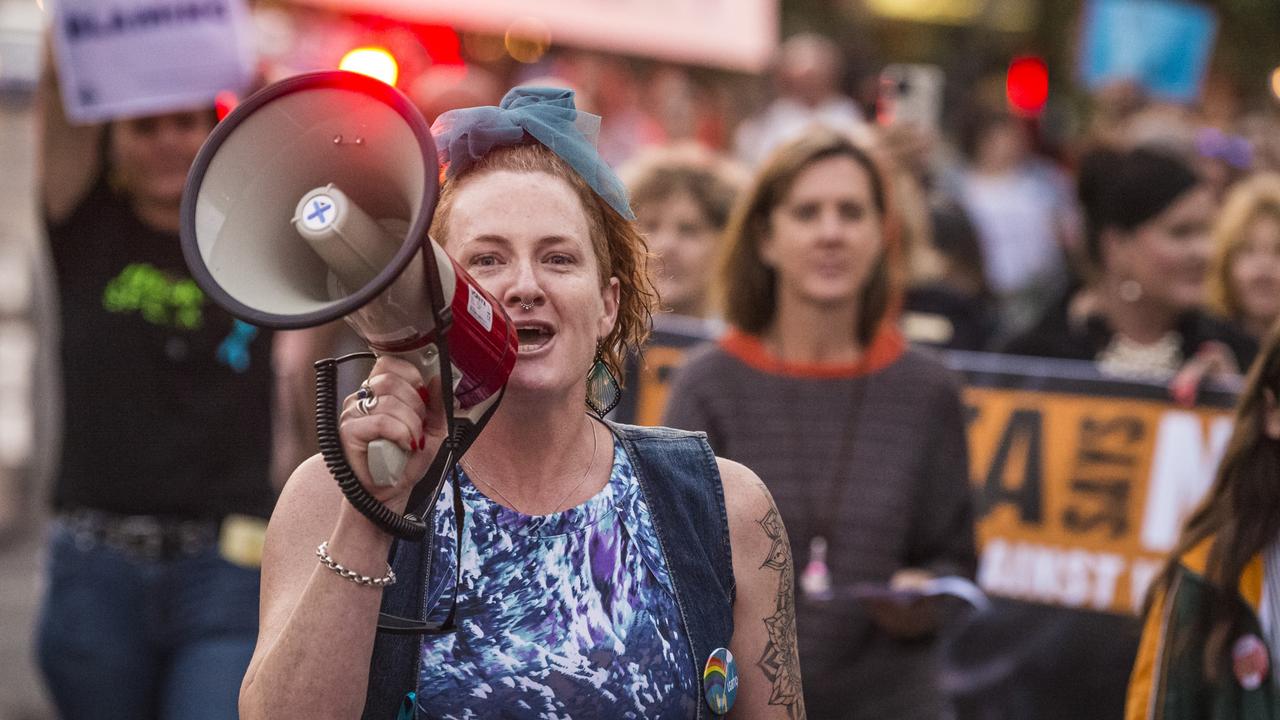 Dee Jennings leads the Reclaim the Night march in Margaret St on Friday. Picture: Kevin Farmer