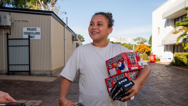 Lexxi Daly at the Fireworks Warehouse at Darwin show grounds sale on Territory Day. Picture: Pema Tamang Pakhrin