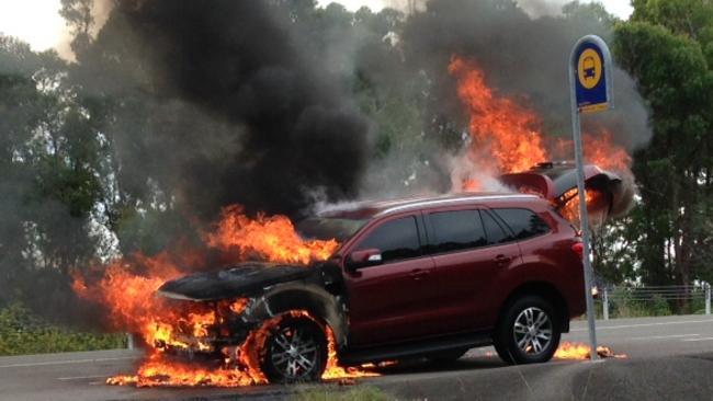 2015 Ford Everest catches fire while being road tested by CarsGuide journalist Peter Barnwell. Picture: Supplied