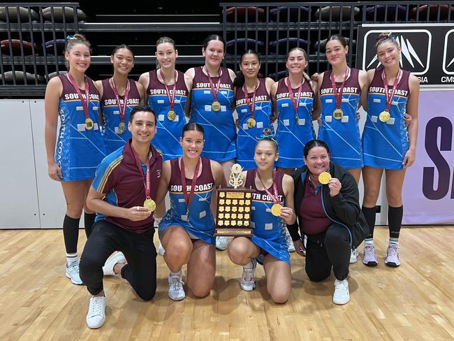 Queensland School Sport Netball 2023 - 16-19 years champions South Coast. Coach Deanne Hamilton. Assistance Coach Glen Ormesher