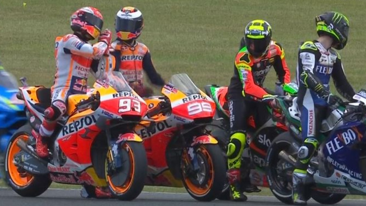 Marc Marquez berates teammate Jorge Lorenzo after their FP2 incident.