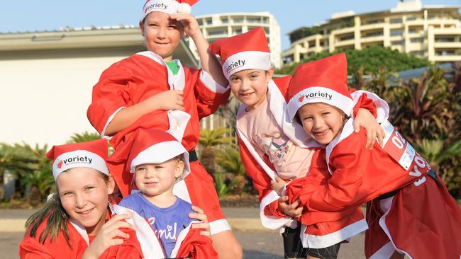 Piper, Landon and Lexi Gaisford with Darcy and Ruby Marshall at the start of the Variety Santa Fun Run. Picture: (A)manda Parkinson