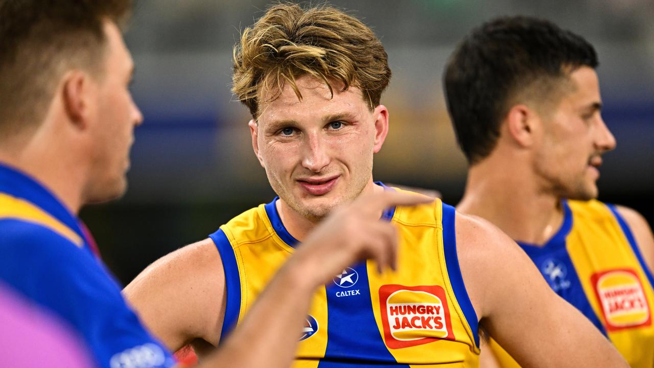 PERTH, AUSTRALIA - MAY 12: Alex Witherden of the Eagles at the huddle during the 2023 AFL Round 09 match between the West Coast Eagles and the Gold Coast Suns at Optus Stadium on May 12, 2023 in Perth, Australia. (Photo by Daniel Carson/AFL Photos via Getty Images)