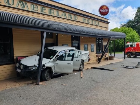 A car hit the Cumberland Hotel in Smeaton on Tuesday, following a crash at the intersection outside. Picture: Supplied