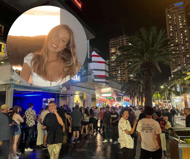 10pm in Surfers Paradise Orchid Avenue on New Year's Eve 2023 with overset. Picture: Tahlia Leathart