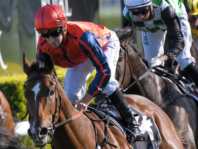 Jockey Jason Collett rides Miss Einstein to victory in race 4, the Vale Professor Hutchins Handicap during the Big Sports Breakfast Grand Final And Racing Day at Royal Randwick Racecourse in Sydney, Wednesday, October 2, 2019.  (AAP Image/Simon Bullard) NO ARCHIVING, EDITORIAL USE ONLY