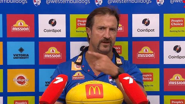 Luke Beveridge during his post match press conference tirade. Picture: Twitter