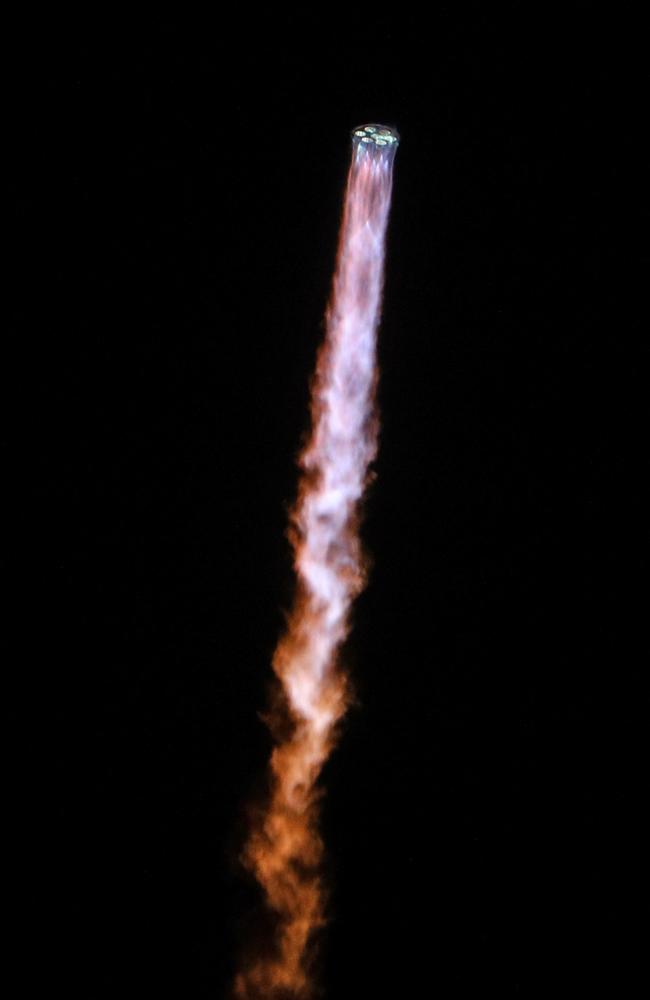 A close-up view of the powerful engines of the Blue Origin New Glenn rocket as it soars toward space. Picture: AFP