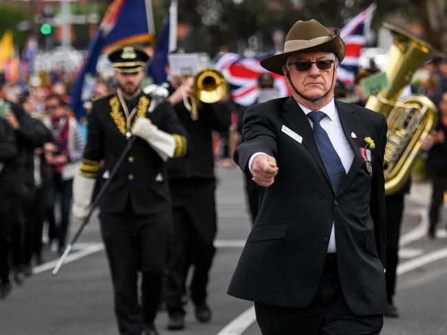 The Anzac Day ceremony and March in Clow St Dandenong.  PICTURED is David Wells fro mthe Dandenong Branch of the RSL leading the march. PICTURE: PENNY STEPHENS. 25TH APRIL 2019