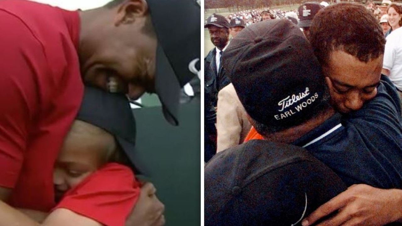 Tiger Woods' iconic embraces, side-by-side.