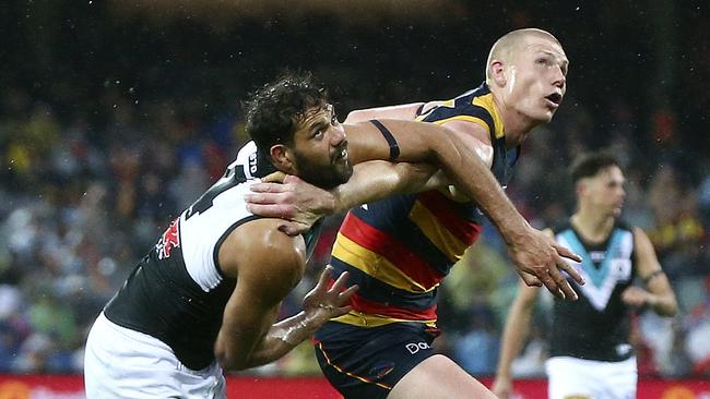 Sam Jacobs battles with Port ruckman Paddy Ryder in Showdown 43 last year. Picture Sarah Reed