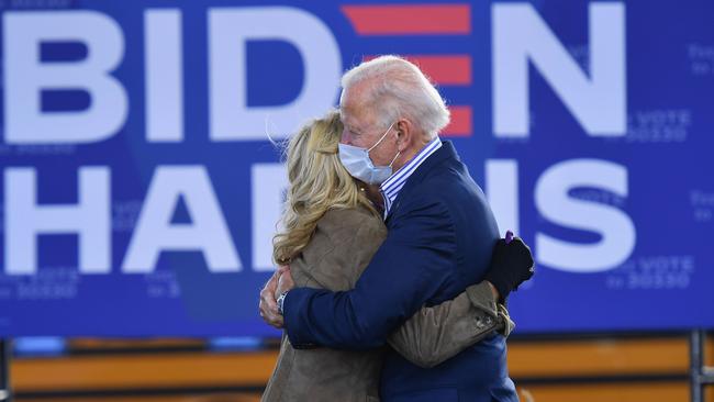 Joe Biden and wife Jill on stage at Dallas High School, in Dallas, Pennsylvania. Picture: AFP