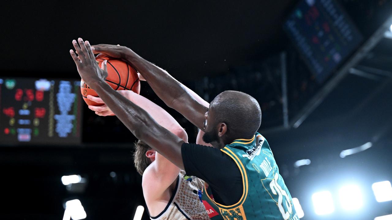 Milton Doyle of the Jackjumpers blocks Sam Waardenburg shot at MyState Bank Arena in Hobart. Picture: Steve Bell/Getty Images.