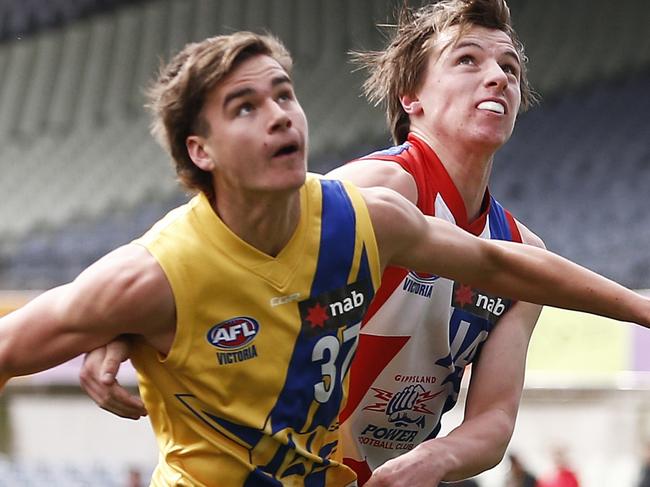 MELBOURNE, AUSTRALIA - SEPTEMBER 07: Liam Conway of the Jets andn Tye Hourigan of the Power (R) compete during the NAB League Semi Final match between the Gippsland Power and the Western Jets at Ikon Park on September 07, 2019 in Melbourne, Australia. (Photo by Daniel Pockett/AFL Photos via Getty Images )