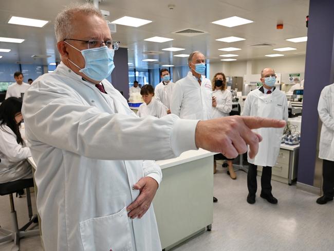 Scott Morrison toured the Astra Zeneca laboratories in August after the government signed an agreement with them to produce the Oxford University coronavirus vaccine. Picture: Nick Moir