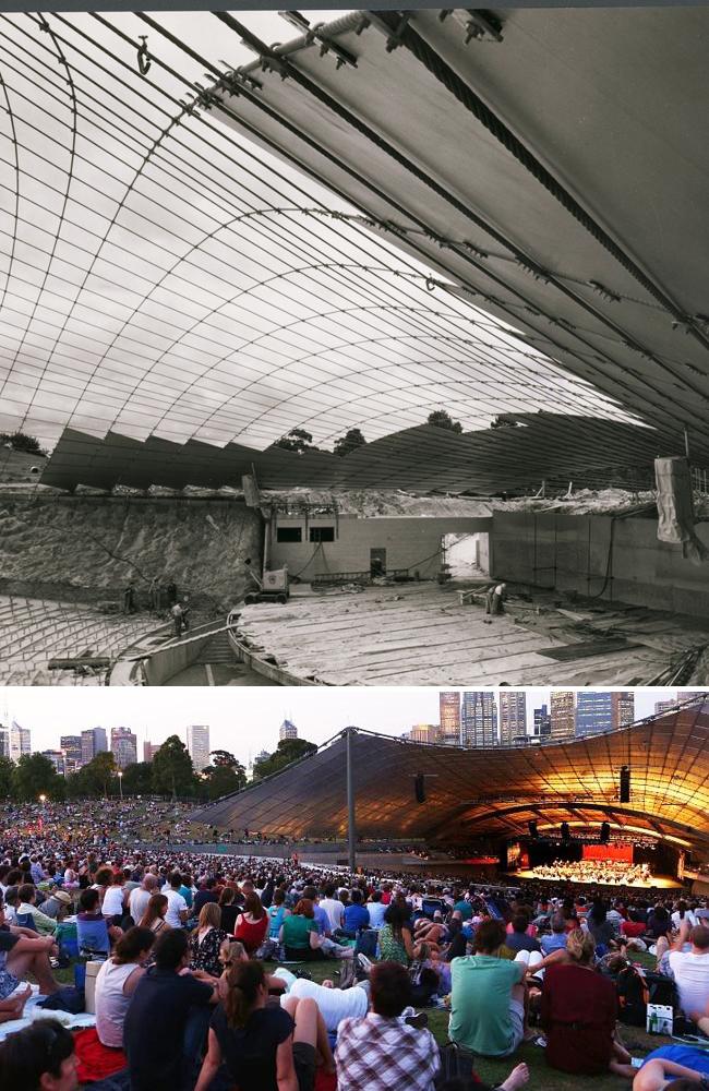 The Sidney Myer Music Bowl’s construction and after completion. Pictures: State Library of Victoria, Herald Sun archive