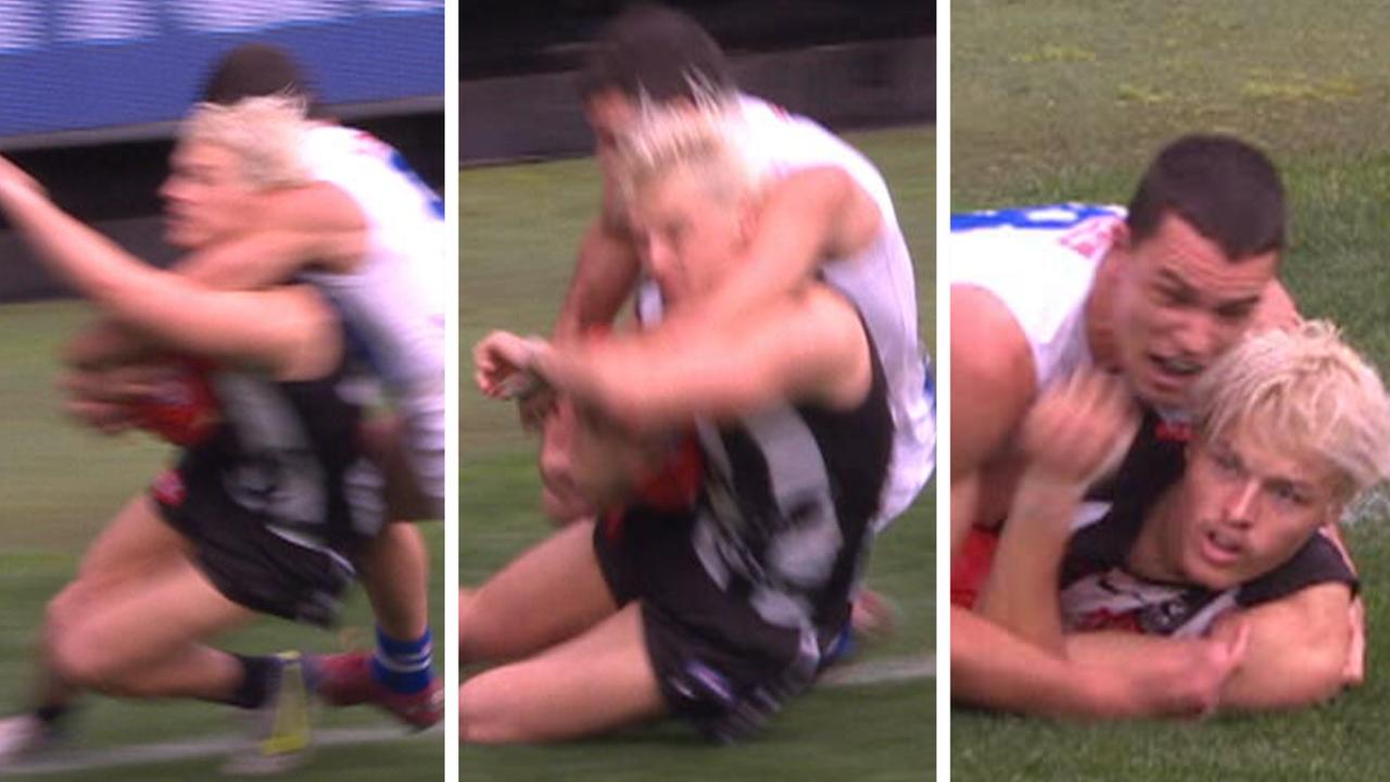Jack Ginnivan was caught holding the ball in this tackle.