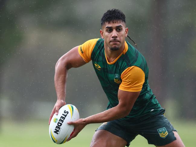 Alofiana Khan-Pereira passes during a Prime Minister's XIII training session at Royal Pines Resort. Picture: Getty Images