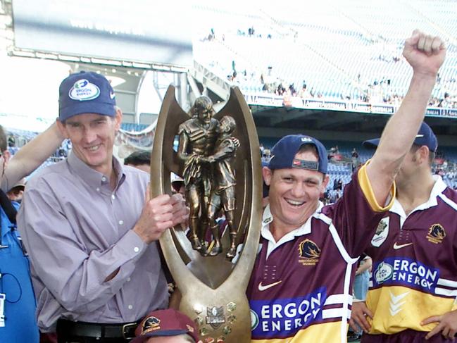 Broncos coach Wayne Bennett and captain Kevin Walters celebrate their 2000 Grand Final win. Picture: David Kapernick