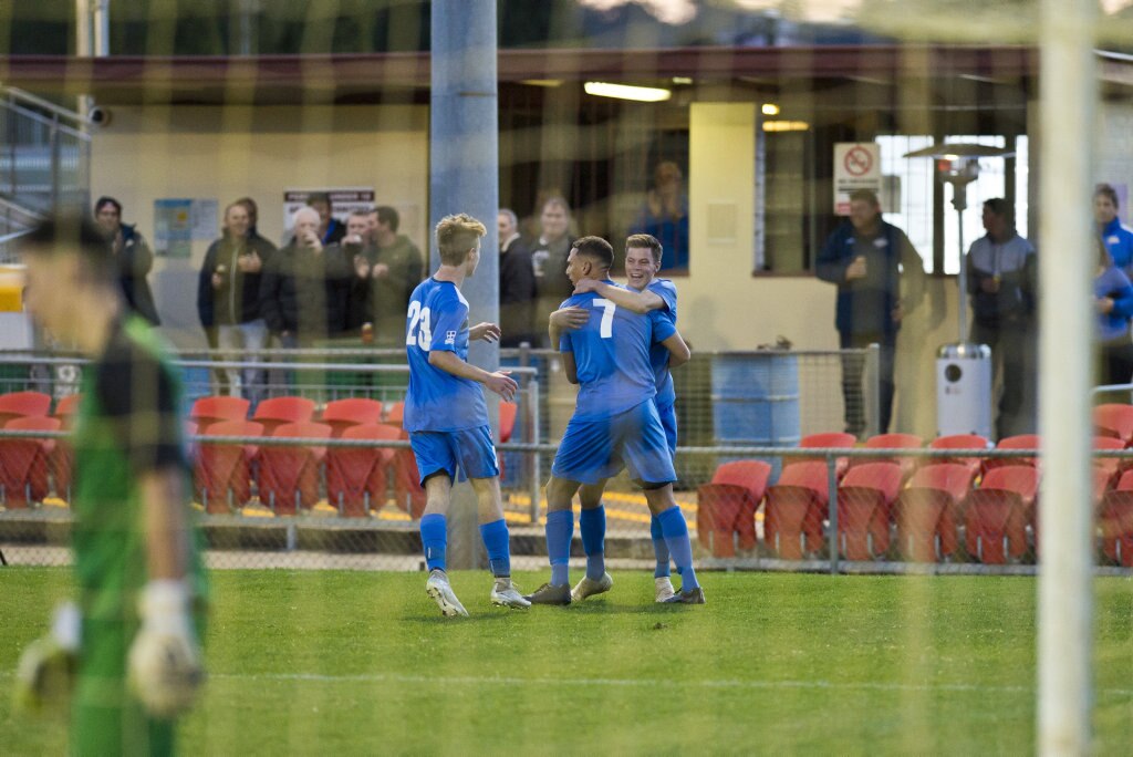 South West Queensland Thunder celebrate a goal from Travis Cooper against Brisbane Strikers in NPL Queensland men round 17 football at Clive Berghofer Stadium, Saturday, June 16, 2018. Picture: Kevin Farmer