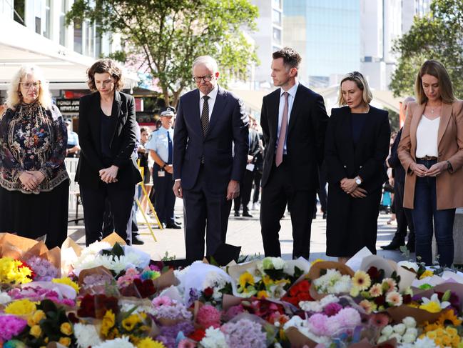 Politicians, including Prime Minister Anthony Albanese and NSW Premier Chris Minns (centre), paid their respects after the Bondi Junction massacre. Picture: Jane Dempster