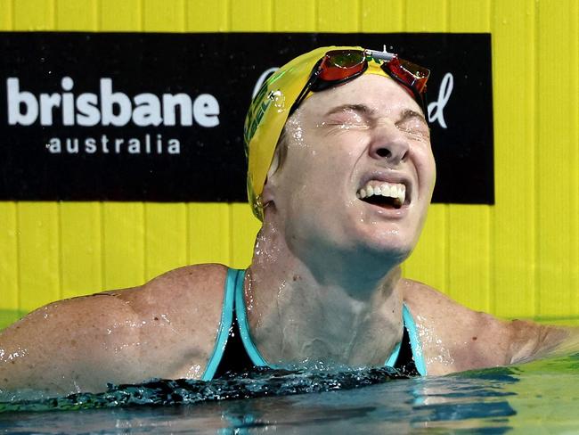 Australiaâs Cate Campbell reacts after competing in the womenâs 100m freestyle heats during the Australian Swimming Trials at the Brisbane Aquatic Centre on June 14, 2024. (Photo by DAVID GRAY / AFP) / -- IMAGE RESTRICTED TO EDITORIAL USE - STRICTLY NO COMMERCIAL USE --