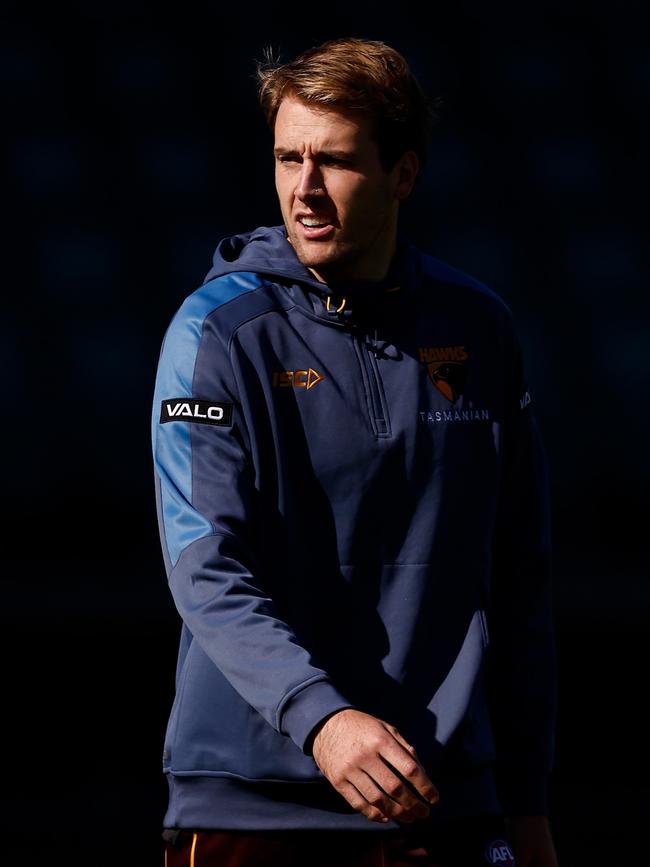 Max Lynch of the Hawks at UTAS Stadium on Sunday. (Photo by Michael Willson/AFL Photos via Getty Images)