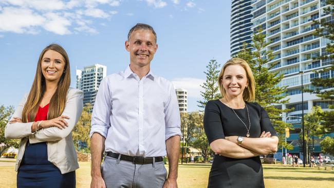 Gold Coast Labor candidates for the upcoming Queensland election. L-R, Meaghan Scanlon, Rowan Holzberger and Georgi Leader. Photo: Glenn Hunt / The Australian