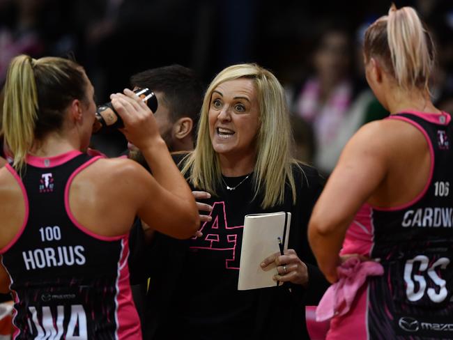 ADELAIDE, AUSTRALIA - APRIL 15: Tracey Neville assistant coach of the Thunderbirds during the round five Super Netball match between Adelaide Thunderbirds and Melbourne Vixens at Netball SA Stadium, on April 15, 2023, in Adelaide, Australia. (Photo by Mark Brake/Getty Images)