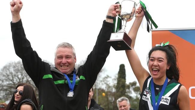 Donvale coach Clint Martin and Tina Liu after last year’s Division 2 premiership win. Picture: Hamish Blair