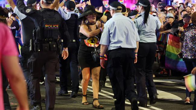 Senator Lidia Thorpe confronts police during Saturday’s Mardi Gras parade in Sydney. Picture: Ben McDonald / Matrix Pictures.