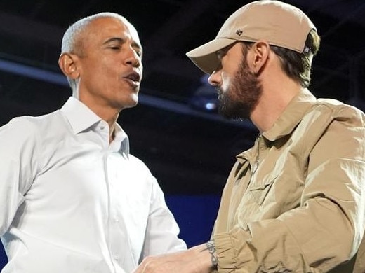 Eminem introduced former President Barack Obama on stage in Detroit. Picture: Getty.