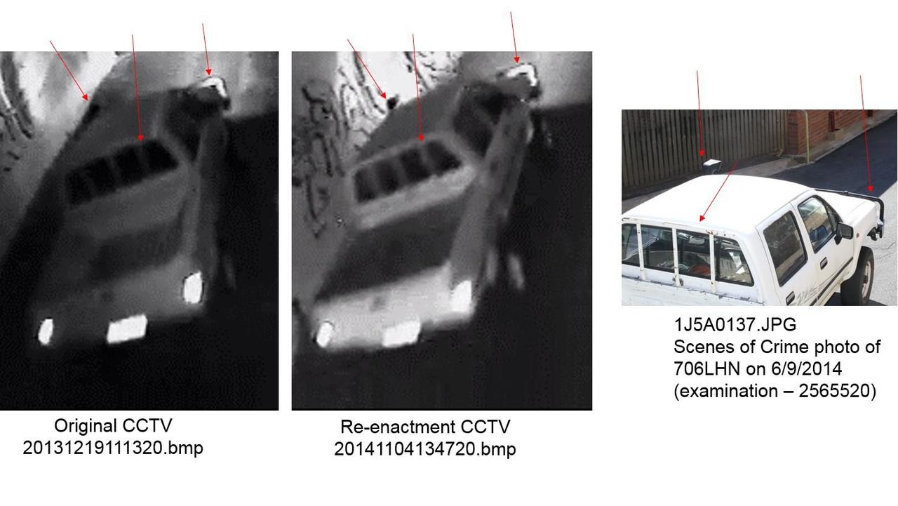 Images show the original footage, re-enactment, and scenes of crime photos of a 706LHN 1994 Toyota Hilux compiled for the inquest into Shandee Blackburn's death.