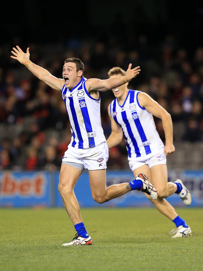 Nathan Grima celebrates a goal while playing for North Melbourne in 2013. Picture: News Corp.