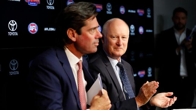 Richard Goyder and Gillon McLachlan after it was announced the CEO would be leaving the AFL in October. Picture: Getty Images