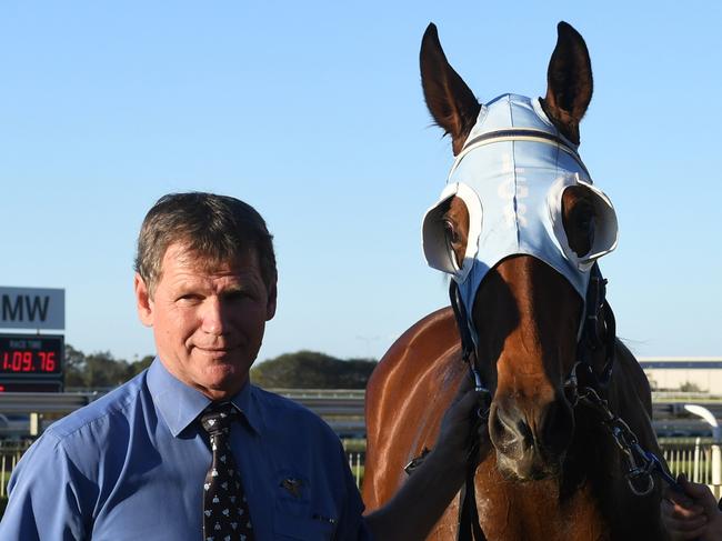 Trainer Les Ross with River Racer after winning at Doomben. Photo: Natasha Wood, Trackside Photography