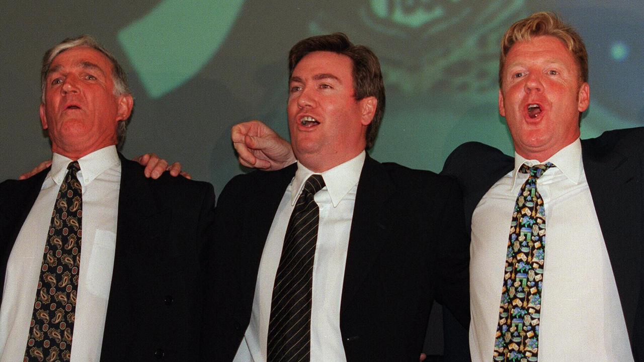 TV presenter and Collingwood Football Club president Eddie McGuire (l) with former director Brad Cooper at the Collingwood Football Club annual general meeting 29 Oct 1998.