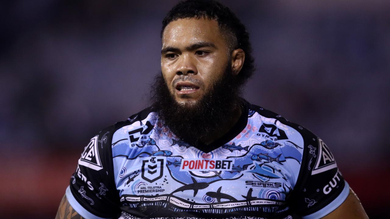 SYDNEY, AUSTRALIA - MAY 28: Siosifa Talakai of the Sharks looks on during the round 12 NRL match between the Cronulla Sharks and the Sydney Roosters at PointsBet Stadium on May 28, 2022 in Sydney, Australia. (Photo by Jason McCawley/Getty Images)