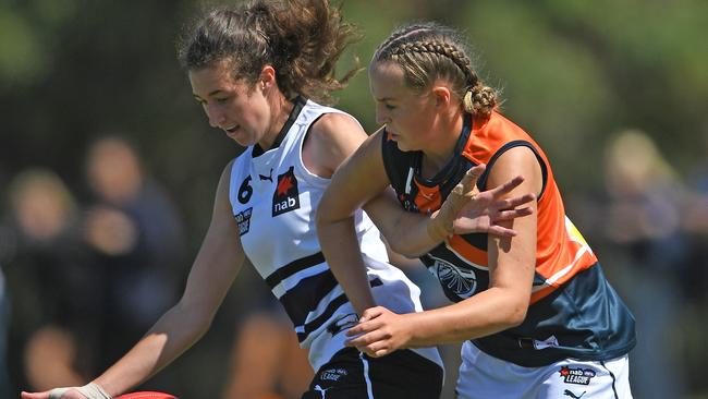 Alyssa Bannan battles Neve Crowley for the ball. Picture: Julian Smith