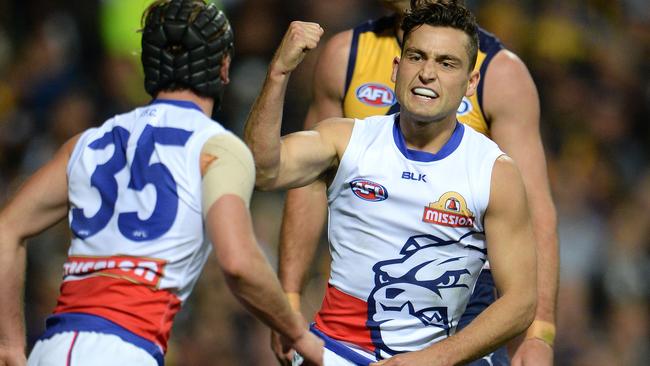 Luke Dahlhaus celebrates a goal with Caleb Daniel. Picture: Daniel Wilkins