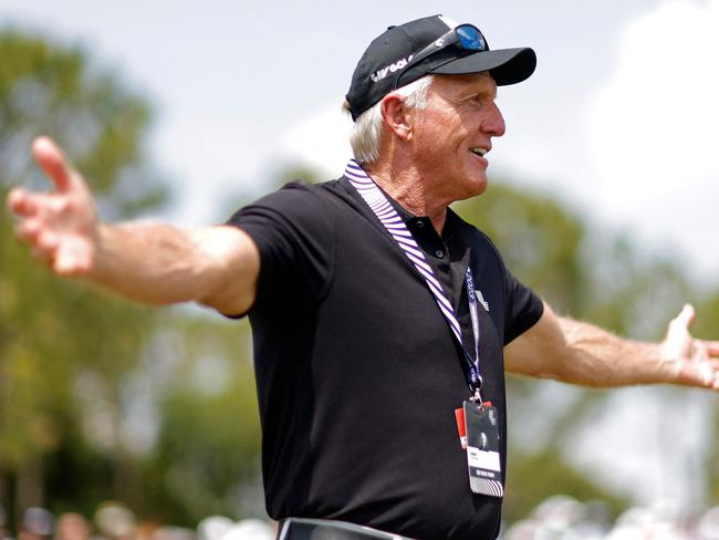 ORLANDO, FLORIDA - APRIL 02: LIV Golf CEO Greg Norman looks on during day three of the LIV Golf Invitational - Orlando at The Orange County National on April 02, 2023 in Orlando, Florida.   Mike Ehrmann/Getty Images/AFP (Photo by Mike Ehrmann / GETTY IMAGES NORTH AMERICA / Getty Images via AFP)