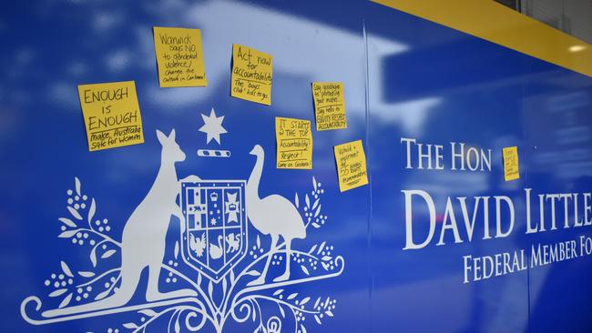 The Warwick group left behind strong messages for the MP through sticky notes and slogans written in chalk.