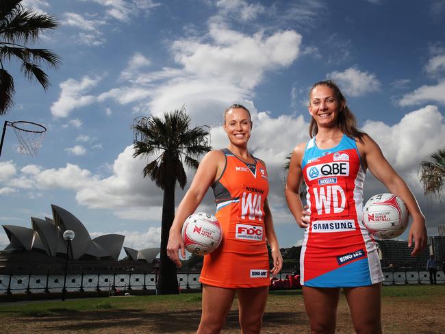 Netball captains Kimberlee Green of the Giants and Abbey McCulloch of the Swifts, at the launch of the new Super Netball league. Pic: Phil Hillyard