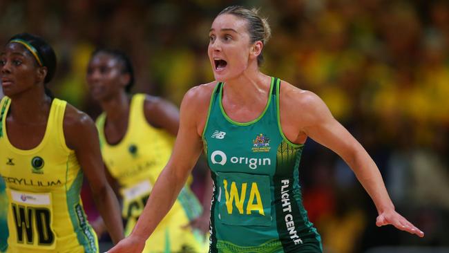 Australia’s Liz Watson gets fired up against Jamaica. Picture: Shaun Roy/Gallo Images/Netball World Cup 2023 via Getty Images)
