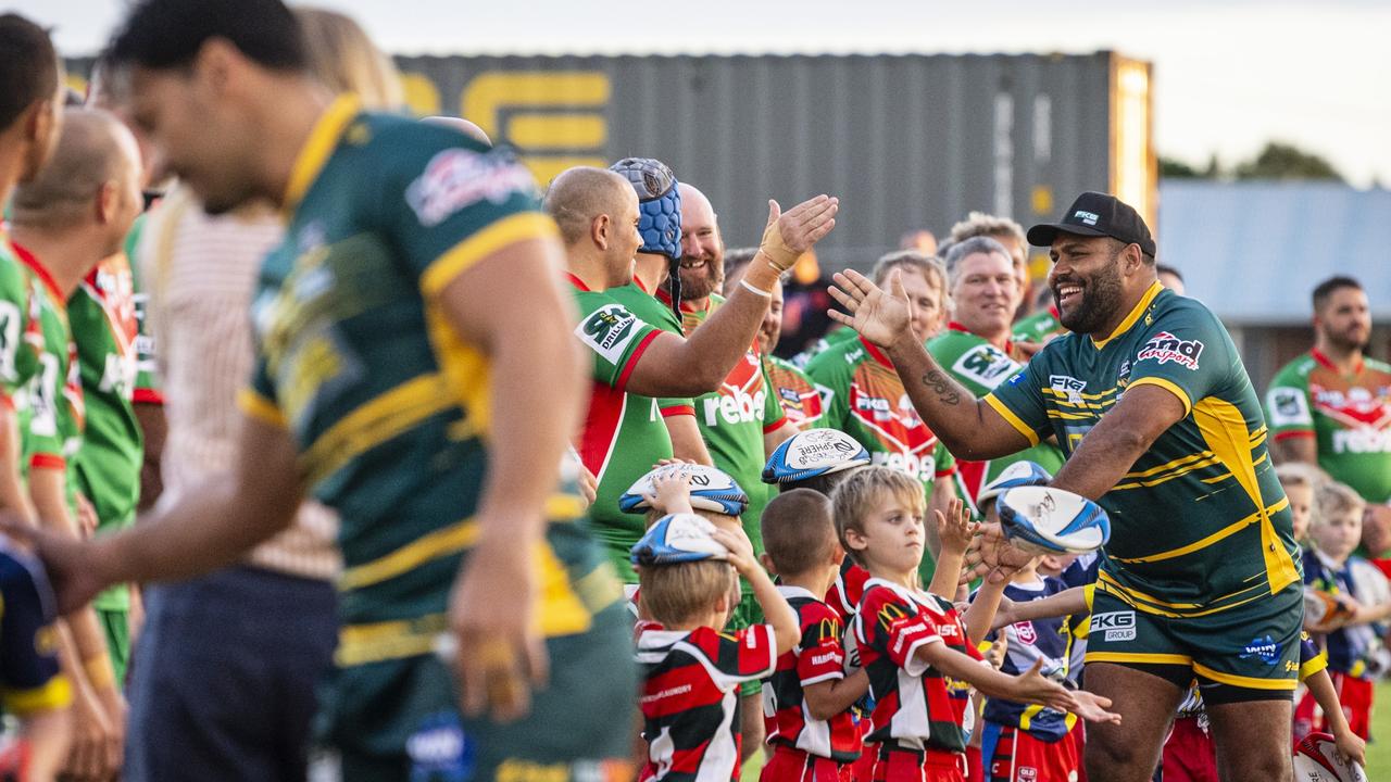 Sam Thaiday greets the Pittsworth Danes All Stars players before the NRL Legends of League game at Club Pittsworth, Saturday, February 17, 2024. Picture: Kevin Farmer